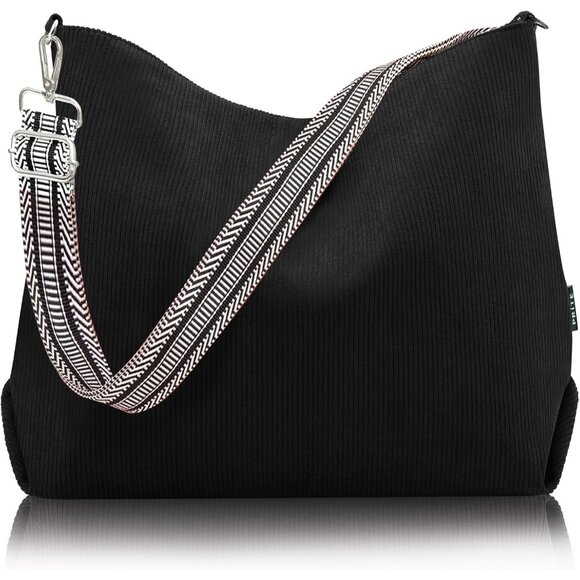 Women’s Black Corduroy Stylish Zipper with Adjustment Strap Tote Bag